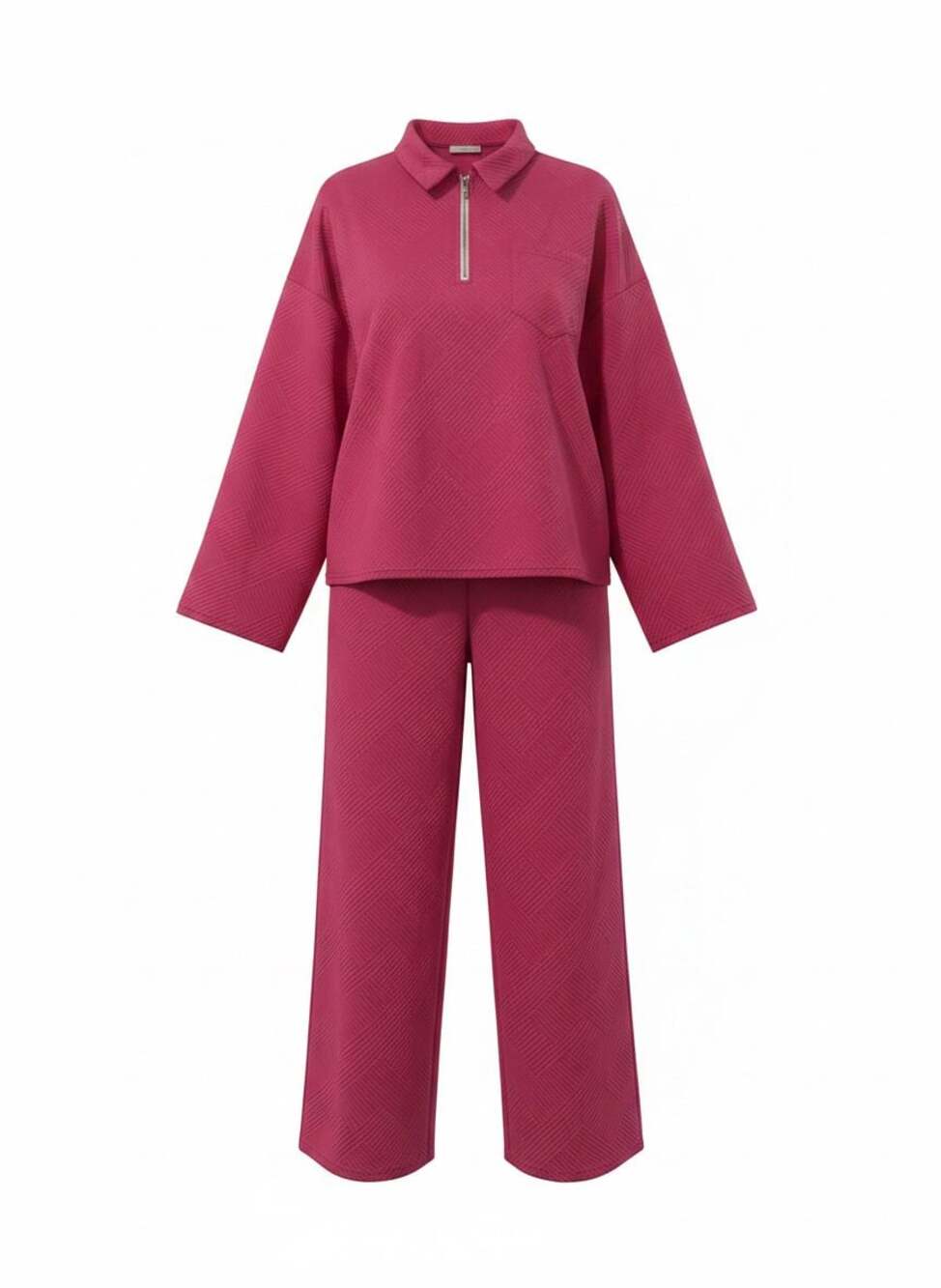 Agseem Women's 2-Piece Textured Quarter-Zip and Wide-Leg Pant Set Pink XL